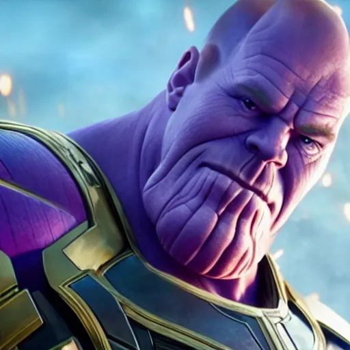 Image similar to Bryan Cranston as Thanos, HD promotional screenshot from new Avengers film, 8k ultra realistic, Marvel animation