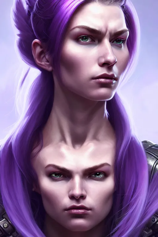 Prompt: alexey gurylev, close up portrait, pale woman in power armor with purple ponytail hair, stoic, focused, powerful, d & d, fantasy, complex, elegant, highly detailed, digital painting, artstation, concept art, matte, clear focus, illustration, hearthstone, artgerm art, greg rutkovsky and alphonse mucha