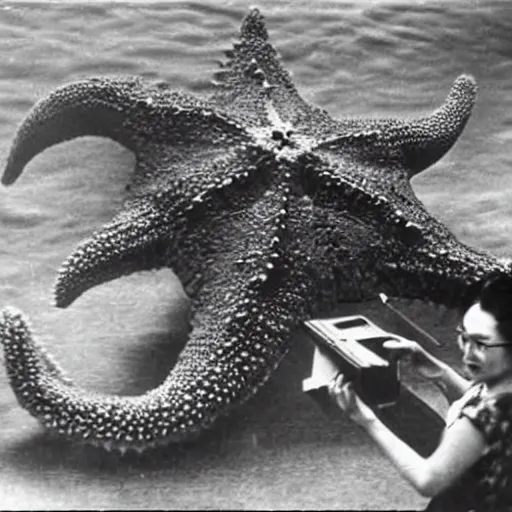 Image similar to rare vintage footage of a giant Kaiju Starfish monster, overshadowing Kim Jong-il, shin sang-ok and Choi Eun-hee escaping, obscured underexposed view