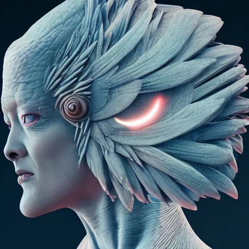 Prompt: portrait of an extraterrestrial creature, looking like a bird, renaissance style, star wars character, volumetric lights, symmetry, headpiece, trending on artstation, sharp focus, leica, studio photo, intricate details, highly detailed