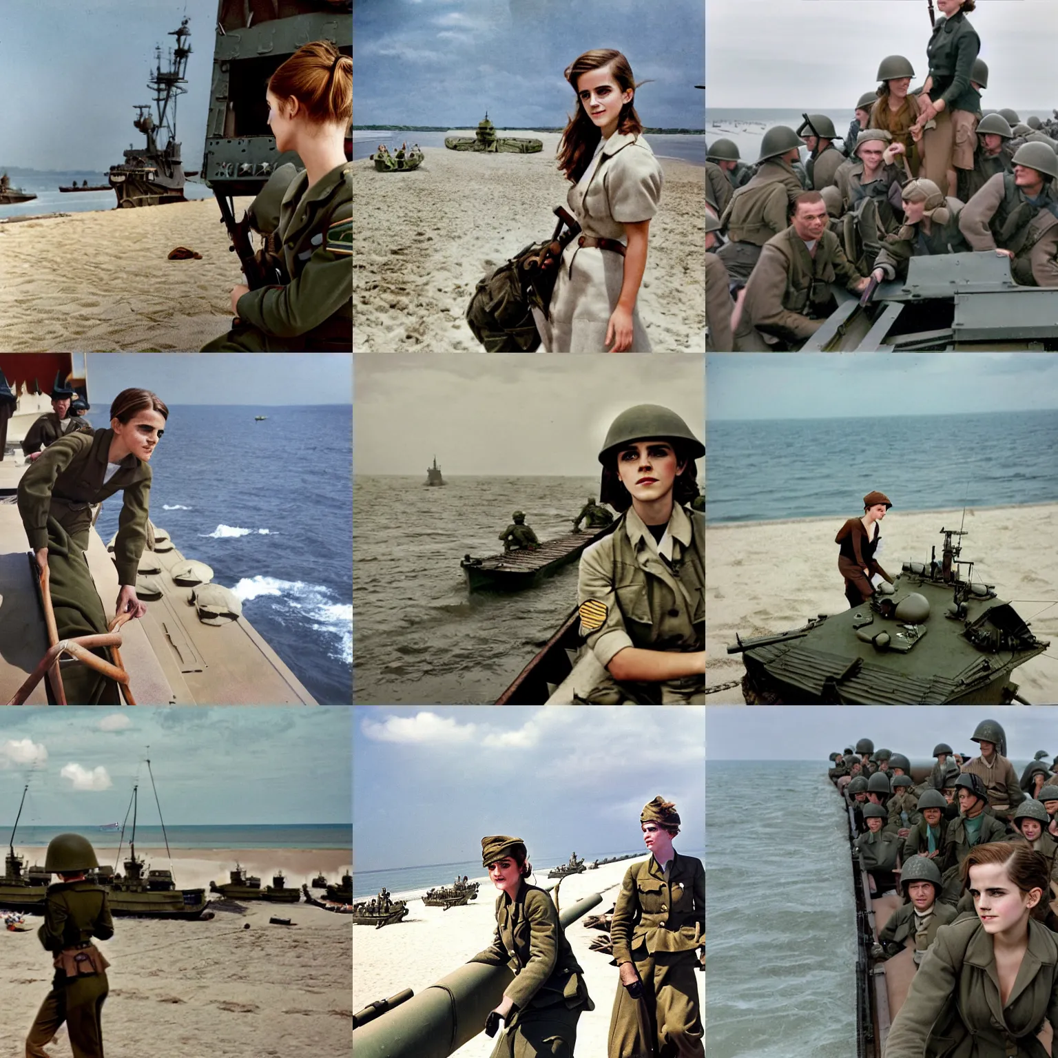 Prompt: emma watson riding on the back of a landing craft approaching a beach, d - day, ww 2, 1 9 4 4, a colorized photo by jeff a. menges, pixiv contest winner, american realism, colorized, associated press photo, creative commons attribution