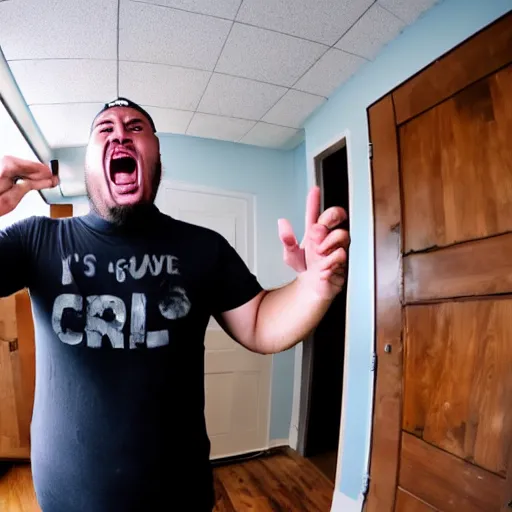 Image similar to Big sweaty guy yelling at you about his favorite cryptocurrency crashing and how it's somehow your fault, fisheye lens, photo