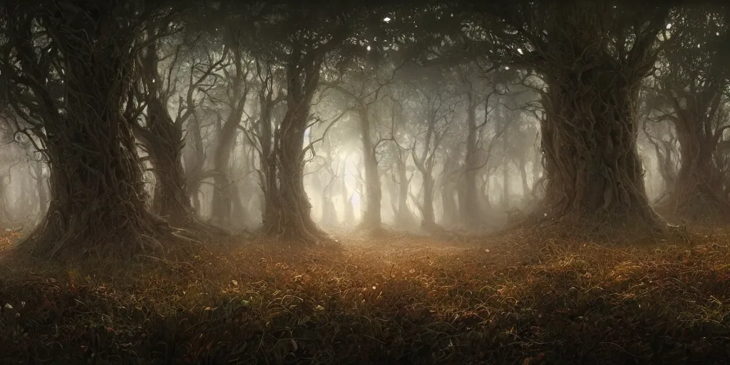 Prompt: artwork of the wretched thicket, by john howe & tim white, exquisite lighting, clear focus, highly detailed, cinematic view, trending on artstation