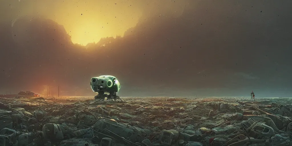 Prompt: a landscape by simon stalenhag of a very large realistic highly detailed imposing robotic mechanical cat, stranded alone and roaming in the chaos across a depressing abandoned post - apocalyptic landscape, post - apocalyptic corrupted themes, artstation trending, beautiful art landscape, detailed simon stalenhag landscape