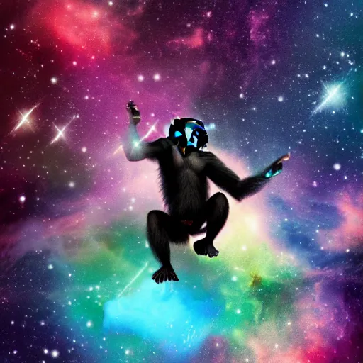 Image similar to a chimpanzee floating through outer space reaching out and touching nebula with it's finger, digital art, 8k