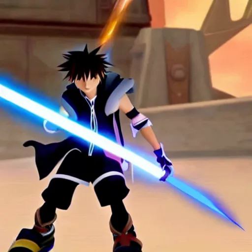 Prompt: sora from kingdom hearts using a laser blade ( from star wars ) instead of a keyblade