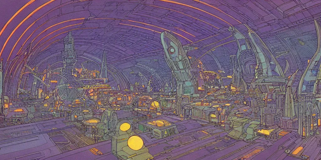 Image similar to cel shaded cinematic shot of the interior of a sci-fi space station with ornate Elven architecture bustling with various intelligent alien species, epic castle, emerald, crystalline, detailed illustration, sharp focus, crisp lines, art by Moebius, Jean Giraud Moebius comic illustration