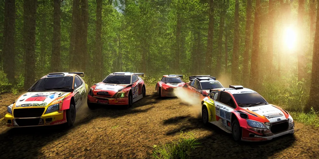 Prompt: 3 rally cars racing through a forest with a river behind them, sun shining through the trees, motion blur high detail ultra realistic 8k