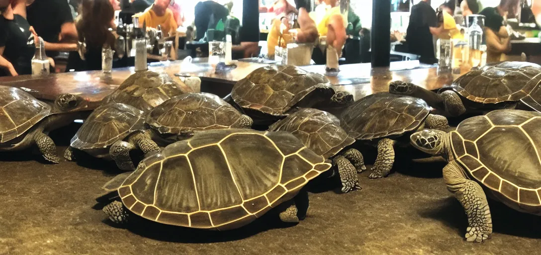 Prompt: a gang of turtles drinking at the bar