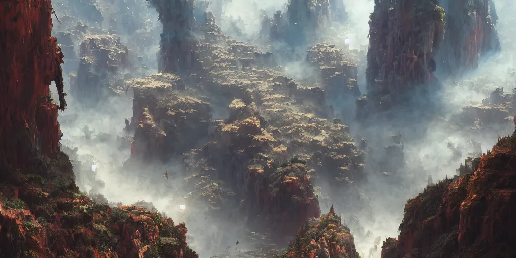 Prompt: fantasy painting of a cloudy canyon, intricate abstract. delicate artwork. by tooth wu, wlop, beeple, dan mumford. octane render, trending on artstation, greg rutkowski very coherent symmetrical artwork. cinematic, hyper realism, high detail, octane render, 8 k, depth of field, bokeh. chrome accents.