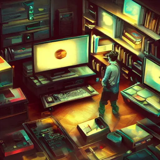 Image similar to aerial view of a guy in his bedroom surrounded by electronics computers food video games, faded effect, highly detailed, digital painting, artstation, concept art, soft light, sharp focus, illustration