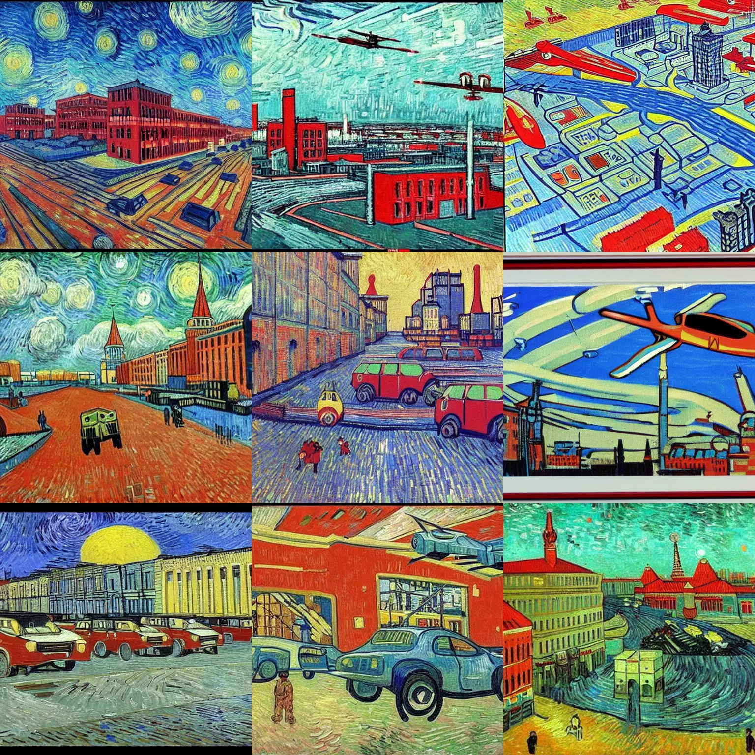 Prompt: soviet city | flying cars and and factories | in the style of Vincent Van Gogh