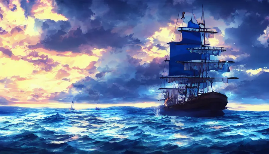 Image similar to one piece ship sailing, dark blue storm sky, sun sunset, with blue light piercing through clouds, makoto shinkai, royal blue colors, lighting refraction, volumetric lighting, pixiv art, highly detailed, anime art, symmetrical, wlop, anime art