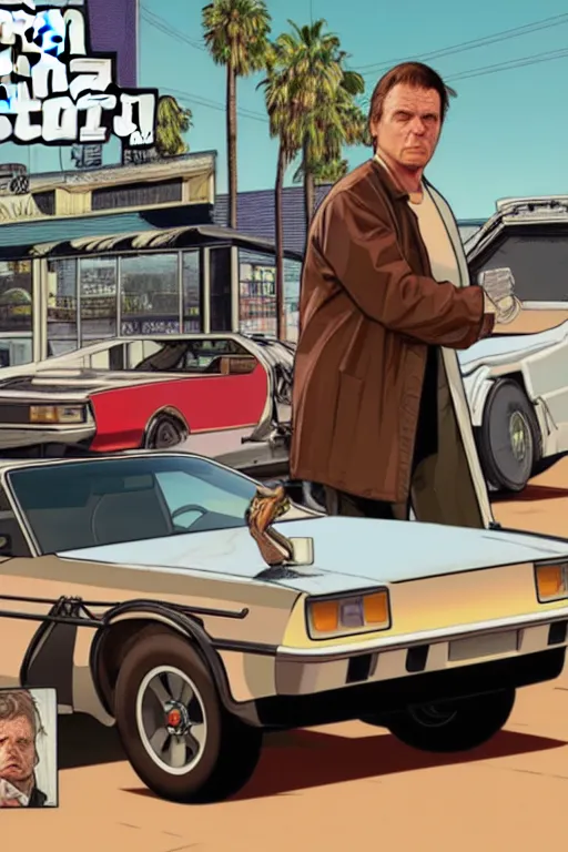 Prompt: GTA V cover art based on Back to the Future, starring Marty Mcfly