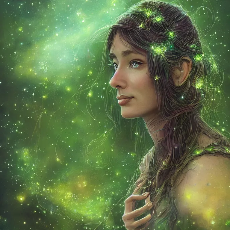 Prompt: a beautiful concept art portrait of a single woman with fireflies and stars in her hair, blooming green slopes and lianas in the background, highly detailed, hdr, 8 k resolution, fantasy art, trending on instagram