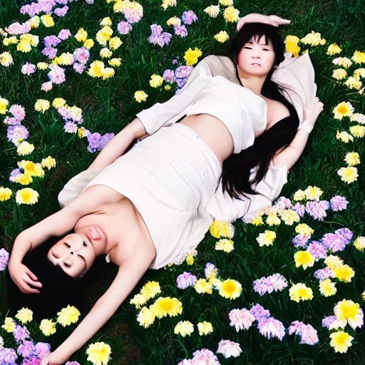 Image similar to photo full shot of beautiful Japanese women with perfect eyes and simetrical face, laying down in flowers, shot by Akira Kurosawa perfect cinematic light, 8k