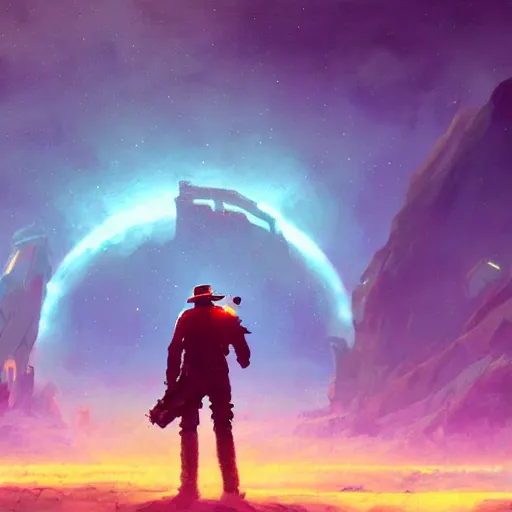 Image similar to No man's sky Gunslinger cowboy digital art in the style of Greg Rutkowski and Craig Mullins, 4k