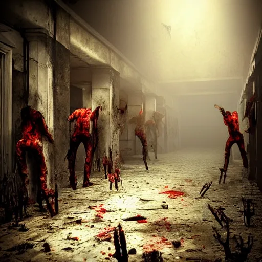 Image similar to “ horde of zombies running through a narrow hallway, bloody, hyper realism, moody lighting, 4 k ”