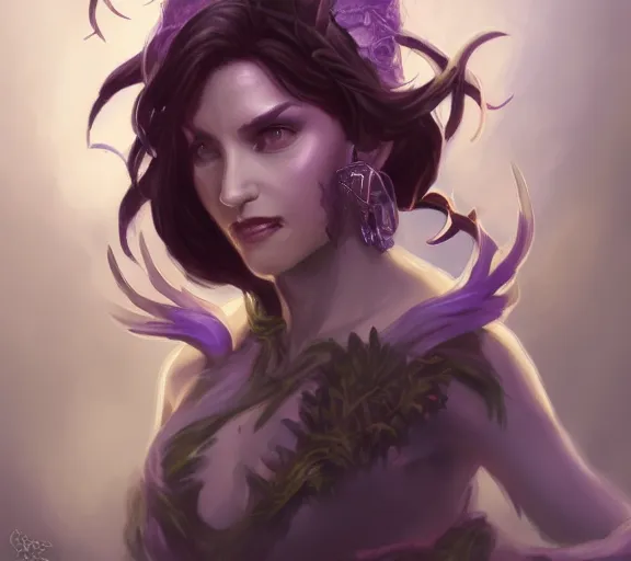 Image similar to Attractive Tiefling Druid, She has light brown skin, dark purple hair, and silver eyes full body, dungeons and dragons portrait, highly detailed, digital painting, artstation, concept art, sharp focus, illustration, art by artgerm and greg rutkowski and alphonse mucha