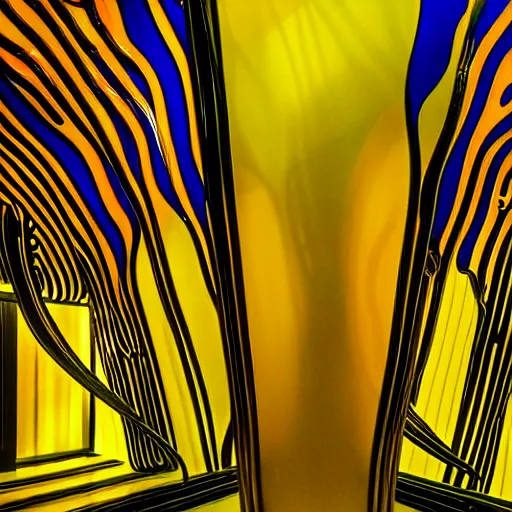 Image similar to psychedelic architectural section installation, art exhibition infected by night, biennale, lush abstract graphic shapes. victor horta, chihuly infected by night, extremely emotional abstract surrealist fluidic architecture. highly detailed. elegant minimalism. highly detailed. sharp focus. very lifelike organic forms, beautiful melancholic space shapes, geometric tranquility. black and gold