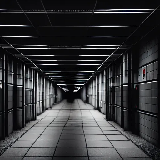 Image similar to Black military quadcopters, in the wide hallways in a futuristic prison underground, brutalist liminal architecture, sigma 85mm f/1.4, 4k, depth of field, high resolution, 4k, 8k, hd, full color