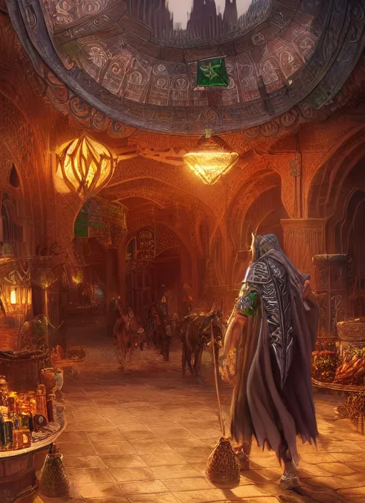 Prompt: arabian market, ultra detailed fantasy, elden ring, realistic, dnd character portrait, full body, dnd, rpg, lotr game design fanart by concept art, behance hd, artstation, deviantart, global illumination radiating a glowing aura global illumination ray tracing hdr render in unreal engine 5