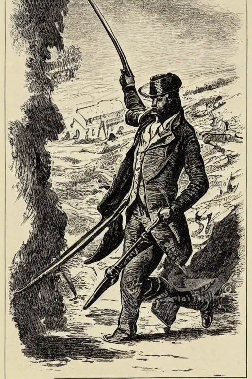 Image similar to 19th century wood-engraving of a British man point a musket at the back standing with his back turned to the viewer, mammoth running away in the background, whole page illustration from Jules Verne book, art by Édouard Riou Jules Férat and Henri de Montaut, high quality, beautiful, removed watermarks