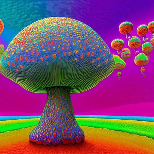 Prompt: a colorful mandelbulb 3 d mushroom in a psychedelic world, peace and love, by peter max and mark ryden