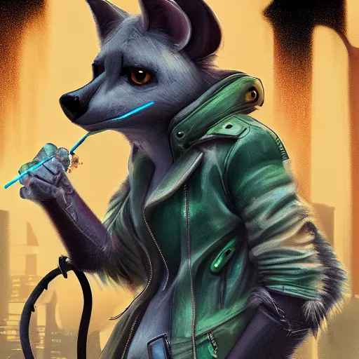 Image similar to digital painting of anthromorphic hyena female smoking cigarrete, fursona, furry fandom, furaffinity, neon rainy cyberpunk setting, anthro, wearing cyberpunk leather jacket, detailed face, blade runner, zootopia style,