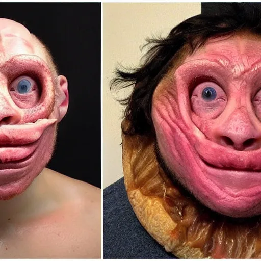 Prompt: man's face with skin that looks like pulled pork