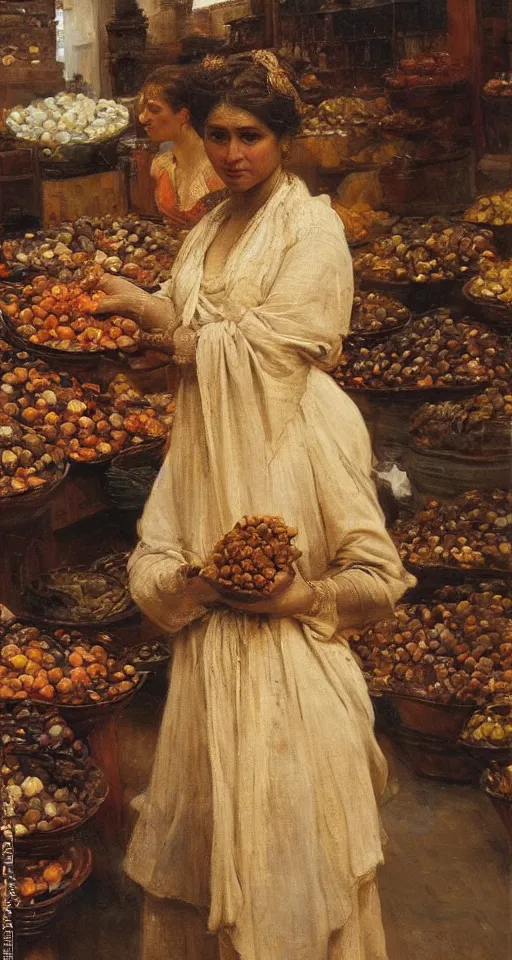 Prompt: young woman standing in a spice market at night by theodore ralli and nasreddine dinet and anders zorn and nikolay makovsky and edwin longsden long, oil on canvas, masterful intricate artwork, excellent lighting, high detail 8 k