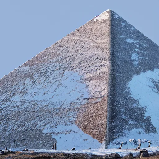 Image similar to a monolithic pyramid in a taiga next to a snowcapped mountain.