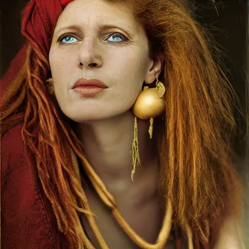 Prompt: Extremely detailed photo realistic matte portrait painting of winking Century Barbary Coast pirate Woman with Ginger hair and Golden hooped earrings photography by Annie Leibovitz, and Steve McCurry