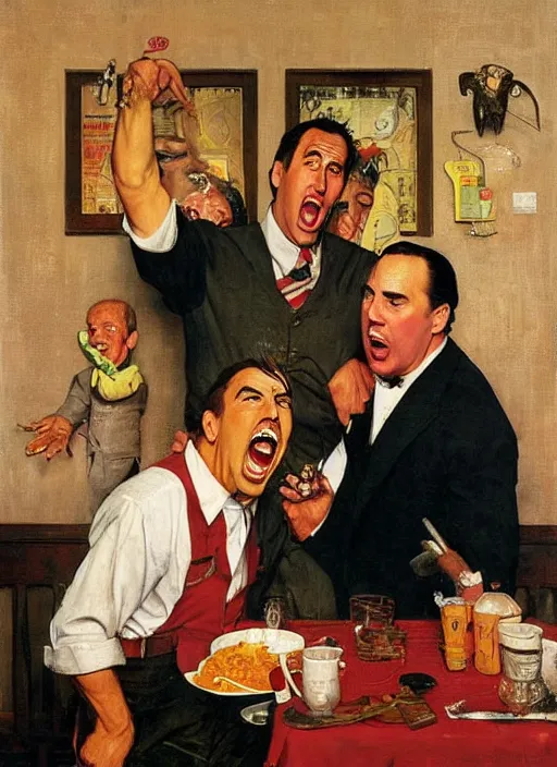 Prompt: full body and head portrait of nicholas cage screaming about crazy evil in a restaurant and being restrained by the manager, painted by norman rockwell and tom lovell and frank schoonover