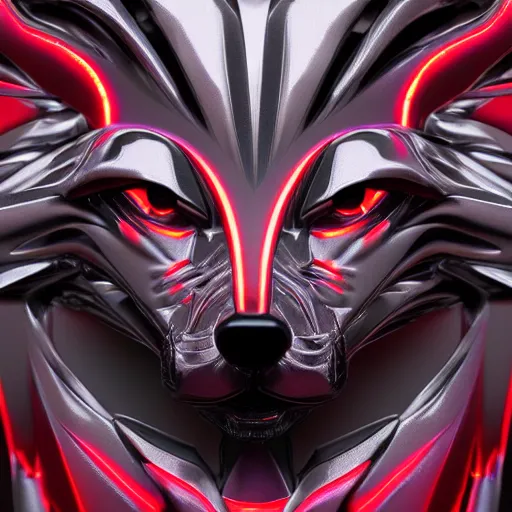 Image similar to chrome wolf, glossy, metallic, neon, symmetrical, tribal patterns, realistic, unreal engine, octane, redshift, artstation, behance