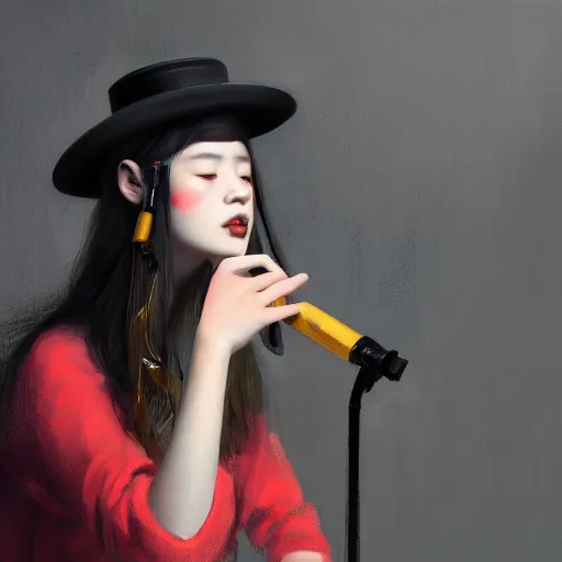 Image similar to a girl wearing a red fedora hat singing in a studio, sitting on a stool, extremely detailed digital painting, in the style of fenghua zhong and ruan jia and jeremy lipking and peter mohrbacher, predominant colors are black and yellow, rim light, beautiful lighting, 8 k, raytracing, octane, trending on artstation