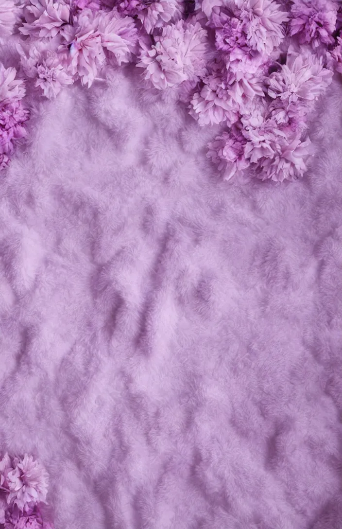 Prompt: light and clean soft cozy background image with soft light - purple and pink flowers that are lying on a pale - white soft fuzzy blanket, dreamy lighting, background, cottagecore, photorealistic, backdrop for obituary text