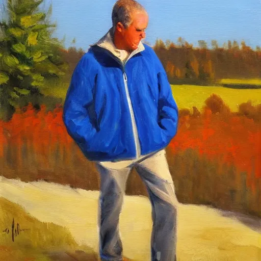 Prompt: guy in a blue jacket, landscape, oil painting