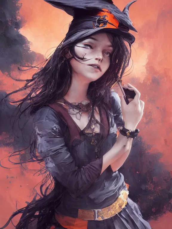 Prompt: Full shot of a mischievous young witch about to get up to some trouble. Latin American fashion. Black and Orange palette. Latina girl. brown skin. Symmetrical facial features. By Ruan Jia and Artgerm and Range Murata and WLOP and Ross Tran. Key Art. Fantasy Illustration. award winning, Artstation, intricate details, realistic, Hyperdetailed, 8k resolution.