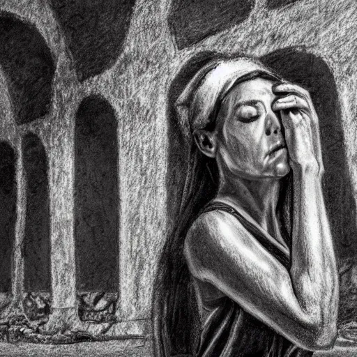 Prompt: a woman on her knees with her face in her hands in the middle of a dilapidated church, charcoal background, photo realistic woman