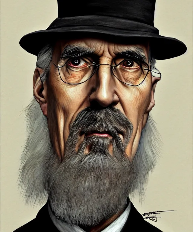 Prompt: portrait christopher lee as saruman as walter white in a porkpie hat, caricature, headshot, highly detailed, digital painting, artstation, concept art, sharp focus, cinematic lighting, illustration, art by met mangindaan, artgerm and greg rutkowski, alphonse mucha, cgsociety