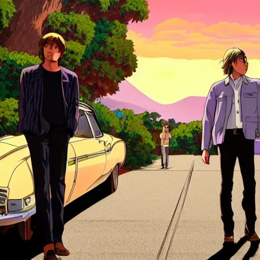 Image similar to anime still of once upon a time in hollywood art by Dice Tsutsumi, Makoto Shinkai, Studio Ghibli!!!!, Studio ghibli art style, art by Dice Tsutsumi, Makoto Shinkai, Studio Ghibli!!!!