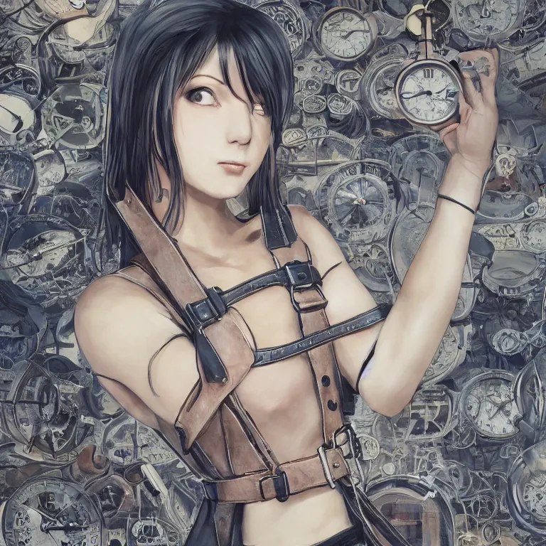 Image similar to bemused to be locked in a leather neck restraint, Tifa Lockhart in a full frame zoom up of her face and neck, looking upwards in a room of old ticking clocks, complex artistic color ink pen sketch illustration, full detail, gentle shadowing, fully immersive reflections and particle effects, concept art by Artgerm, art by Range Murata, art by Studio Ghibli