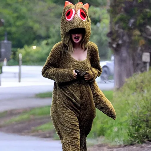 Image similar to taylor swift wearing a dinosaur costume real paparazzi picture