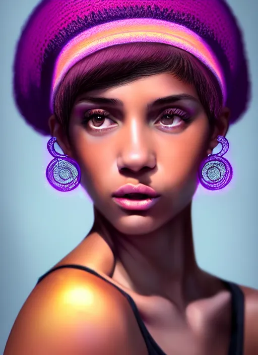 Image similar to portrait of teenage vanessa morgan with bright pink hair, black girl, curly pixie cut hair, wearing a purple breton cap, breton cap, hoop earrings, intricate, elegant, glowing lights, highly detailed, digital painting, artstation, concept art, smooth, sharp focus, illustration, art by wlop, mars ravelo and greg rutkowski