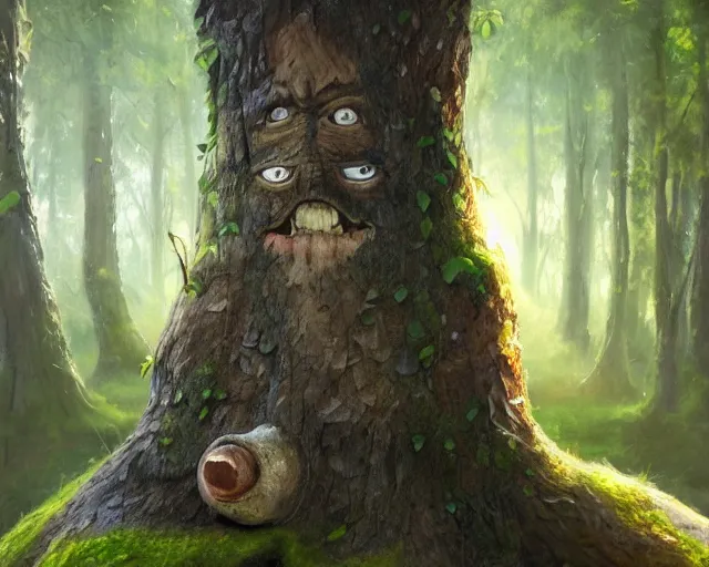 Prompt: a talking tree, a smiling face in the bark, nose made of wood, mouth in the bark, fantasy concept art, oil painting, hyperrealistic, highly detailed, artstation, cgsociety, in the forest