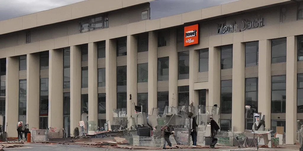 Prompt: home depot building exterior, zombie hoards painted by david friedrich