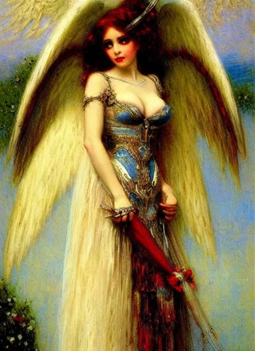 Image similar to vertical prtrait of an angel knight gothic girl, baroque dress. by gaston bussiere