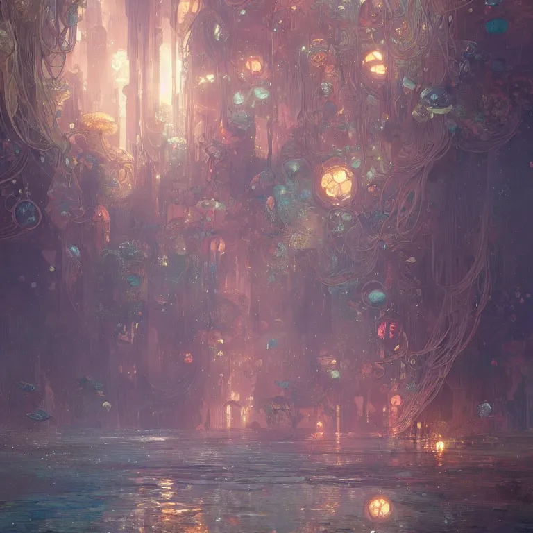 Image similar to a beautiful painting of the city of atlantis, with glowing lights, corals and jellyfish, intricate, elegant, highly detailed, digital painting, artstation, concept art, by krenz cushart and artem demura and alphonse mucha