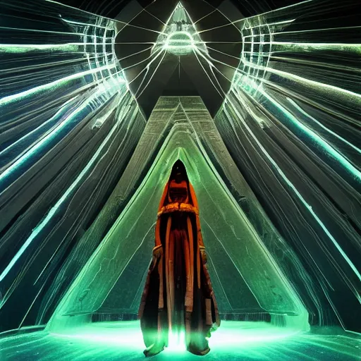 Image similar to A space wizard stand in front of giant, glowing crystal sits in the center of a dark room, Strange symbols line the walls, and a soft light glows from somewhere deep within the room, highly detailed, digital photo, HDRI, by christopher bretz and kael ngu, vivid colors, high contrast, 8k resolution, intricate, photorealistic, smooth, psychedelic color scheme, concept art, award winning, behance contest winner